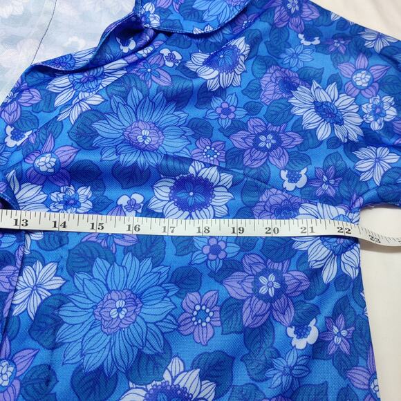 Vtg 60s 70s Blue Boho Mod Floral Housecoat L/XL Cottagecore Dress Velvet Buttons - Picture 7 of 9